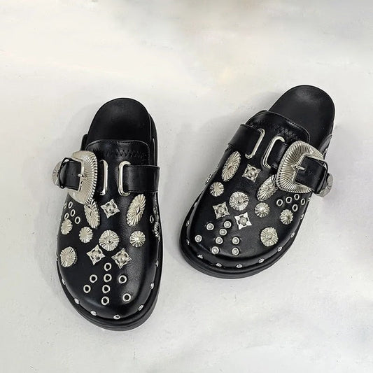 lovevop Summer Women Slippers Platform Rivets Punk Rock Leather Mules Creative Metal Fittings Casual Party Shoes Female Outdoor