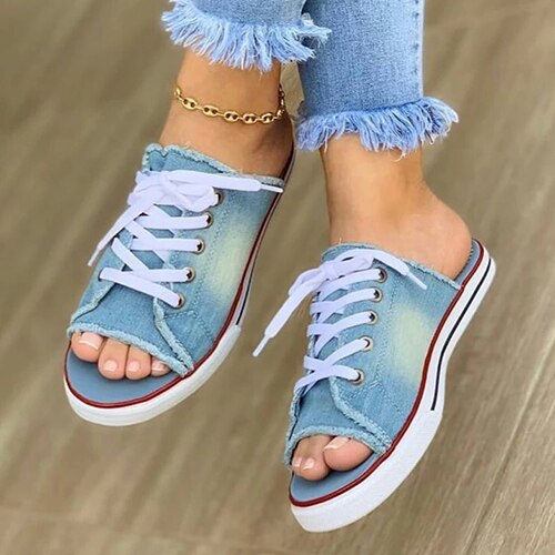 Back to school lovevop  Ladies Peep Toe Flat Slipper  Women Canvas Woman Lace Up New Women's Casual Female Fashion Denim Beach Shoes Plus Size 35-43