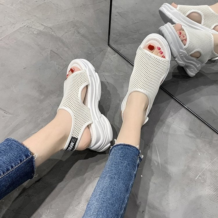 lovevop  Hollow Women Sports Sandals Platform Wedges Heels Knit Woman Shoes Fish Mouth Thick Bottoms Summer Ladies Rome Shoes