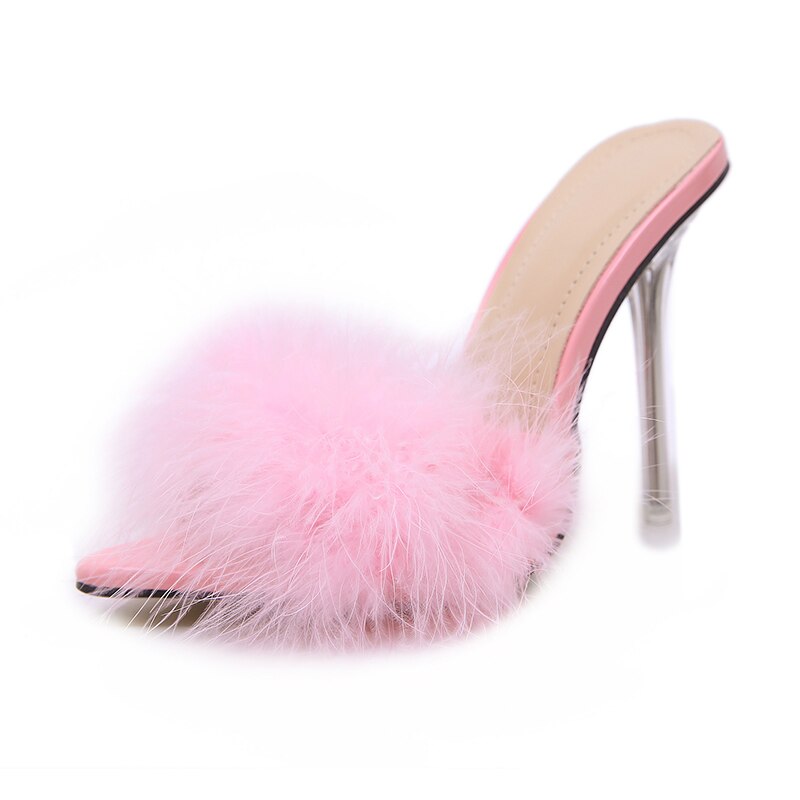 lovevop    Transparent High Heels Sandals   Feather Woman Slippers Fur Stiletto Pointed Mules Evening Party Women Shoes Rose 41