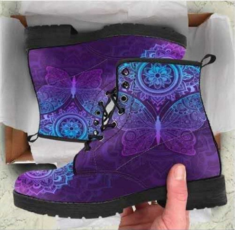 lovevop Skull Flower Print High-Top Boots Women Boot Autumn Winter Fashion Women Tooling Ankle Boots Women Boots Women Botas Mujer