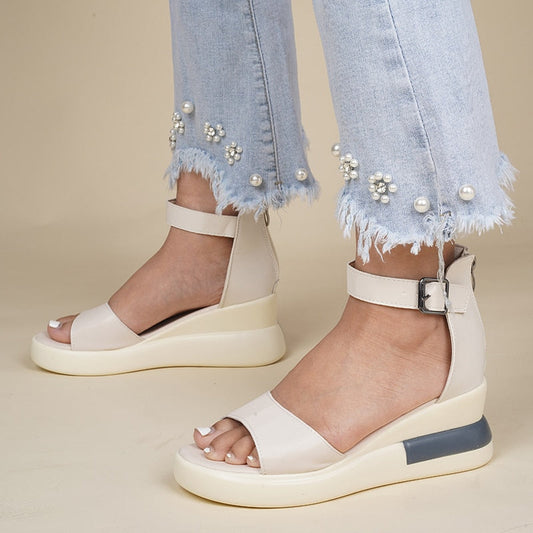 lovevop Women Sandals Summer Solid Ankle Straps Thick Wedge Heel Round Toe Lady Shoes Fashion Leisure Concise Cozy Females Shoes