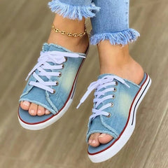 Back to school lovevop  Ladies Peep Toe Flat Slipper  Women Canvas Woman Lace Up New Women's Casual Female Fashion Denim Beach Shoes Plus Size 35-43