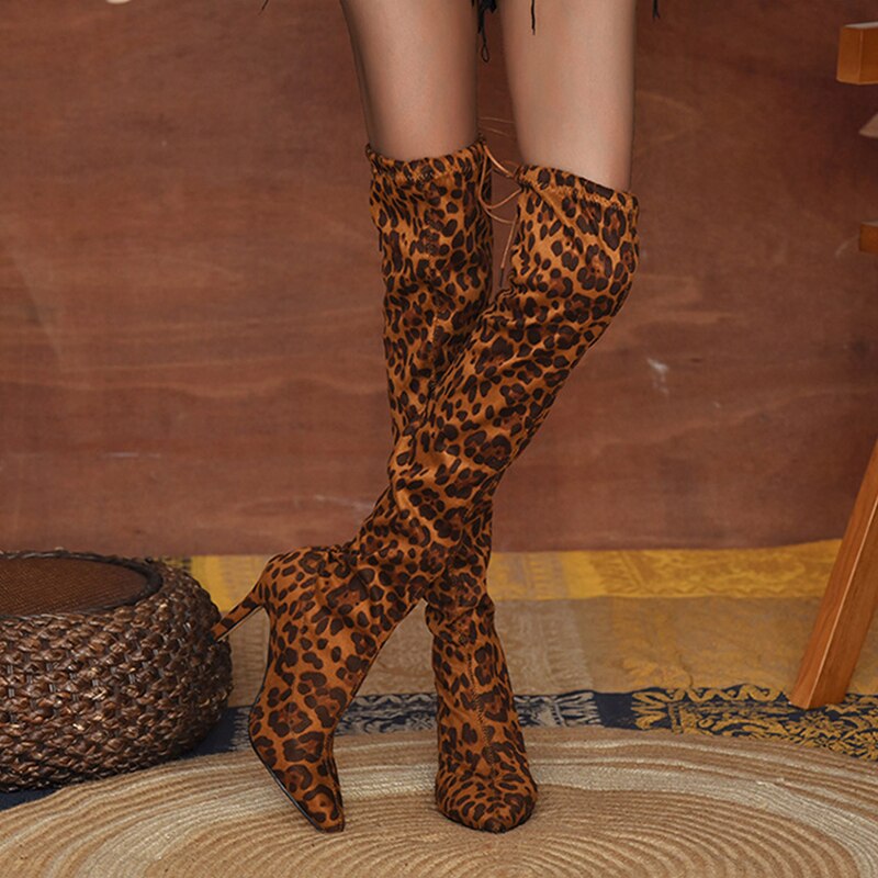 lovevop  Ladies Fashion Leopard Print Over Knee Boots Autumn Winter High Boots Pointed Toe Stretch Fabric Ladies High Heels Bottes Femme