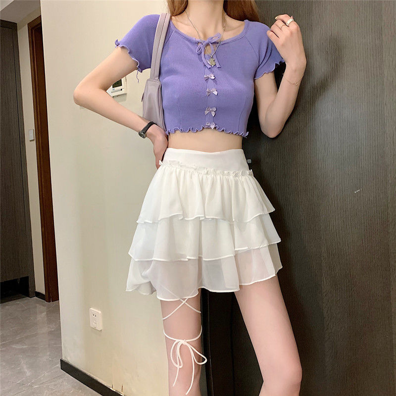 lovevop Back to college Kawaii White Mini Skirts Women Fairycore Bandage Ruffle Patchwork Irregular High Waist Layer Skirt Shorts   Party