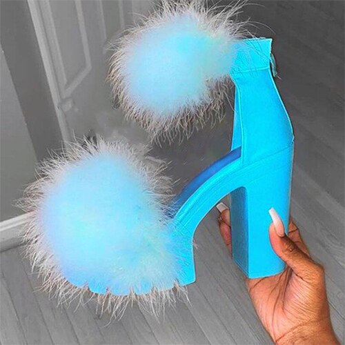 Back to school outfit lovevop  Woman Platform Fur Sandals Ladies INS Plush High Heels Female PU Leather Non Slip Shoe Women Open Toe Women's Footwear Plus Size