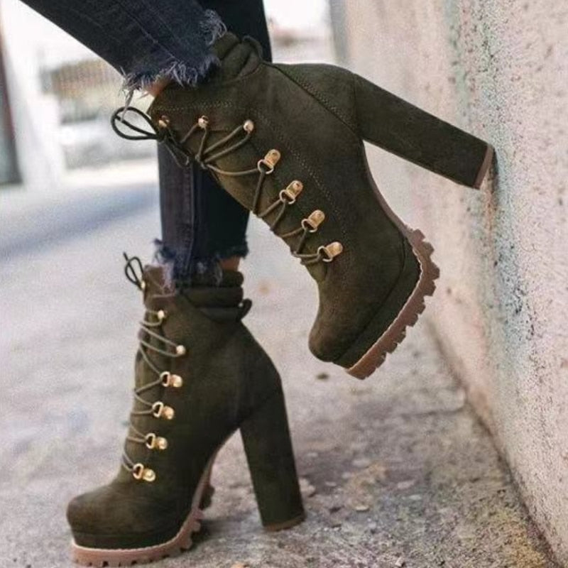 Thanksgiving  lovevop  New Women's  Boots Fashion Lace-Up Rivets Chunky High Heels Solid Casual Platform Comfort Ankle Boots Bota De Inverno