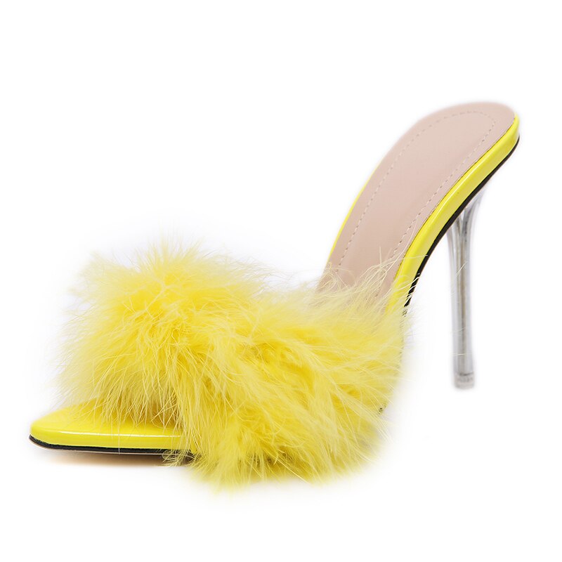 lovevop    Transparent High Heels Sandals   Feather Woman Slippers Fur Stiletto Pointed Mules Evening Party Women Shoes Rose 41