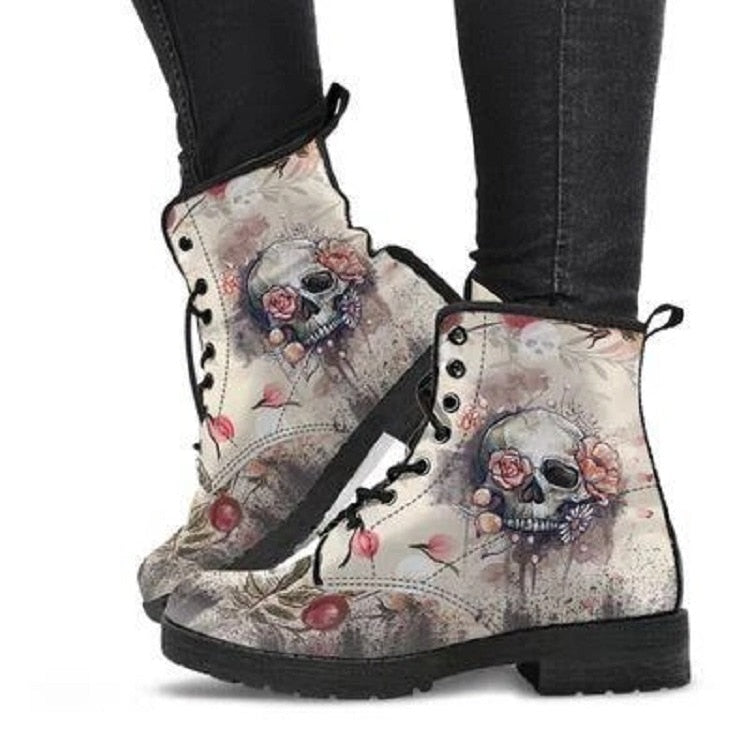 lovevop Skull Flower Print High-Top Boots Women Boot Autumn Winter Fashion Women Tooling Ankle Boots Women Boots Women Botas Mujer