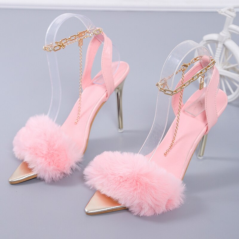 lovevop Plus Size 43   Pointed Toe Feather High Heel Sandals Decoration Metal Chain Stiletto Nightclub Women Shoes Open Toe Shoes