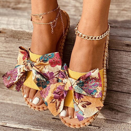 Back  To School Outfit  lovevop Women  Summer Bowtie Slippers Woman Print Slides Ladies Sewing Flats Women's Footwear Female Casual Beach Shoes Plus Size