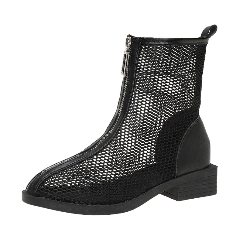 lovevop  Women  Summer Thin Section Breathable Thick Heel Boot Mesh Hollow Chelsea Short Boot Female High Top Sandal Sandalias