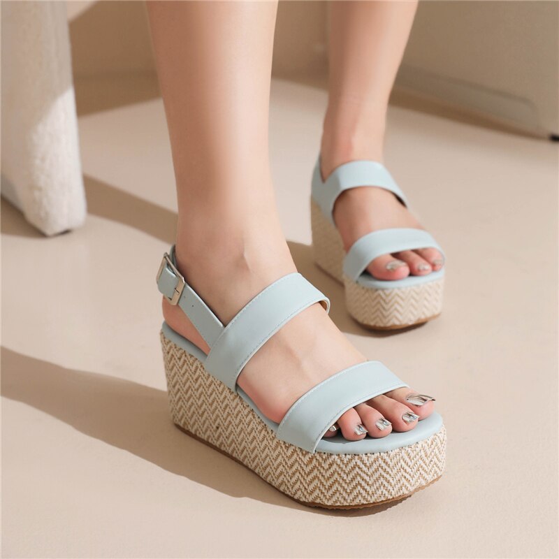 lovevop Plus Size 43 Platform Shoes Women  Summer New Fashion Concise Casual Solid Pu Leather 4Cm Wedges Buckle Strap Sandas White