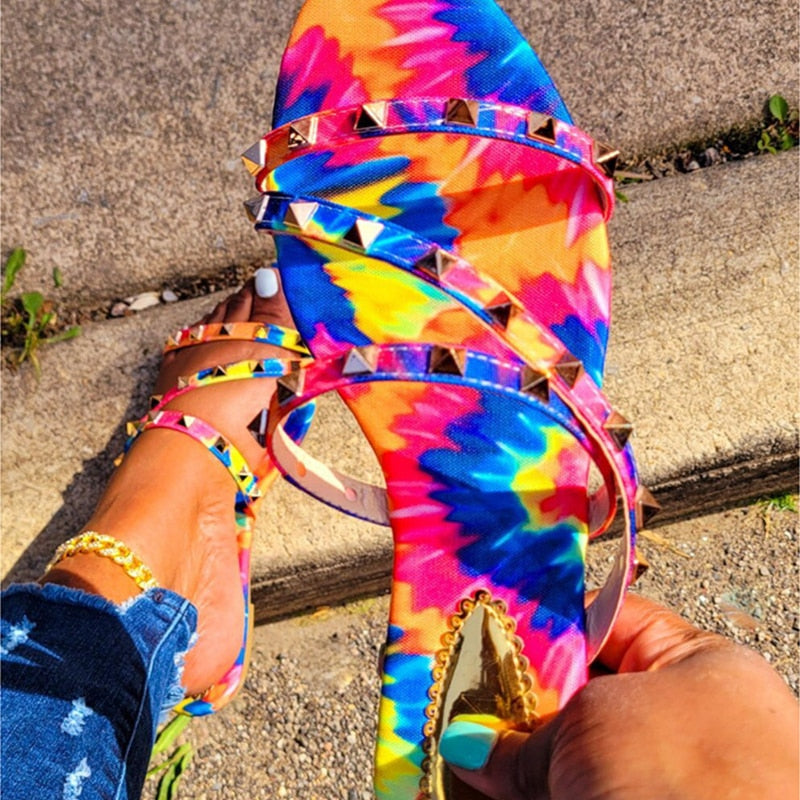 lovevop  Women Mixed Color Rivet Slippers  Woman Graffiti Tie Dye Slides Summer Ladies Casual Beach Flats Female Big Size Footwear