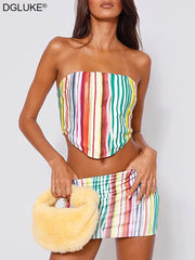 Spaghetti Striped Summer Holiday Beach Outfits For Women   Strapless Tube Top And Mini Skirt Two Piece Set   Boho Dress Sets