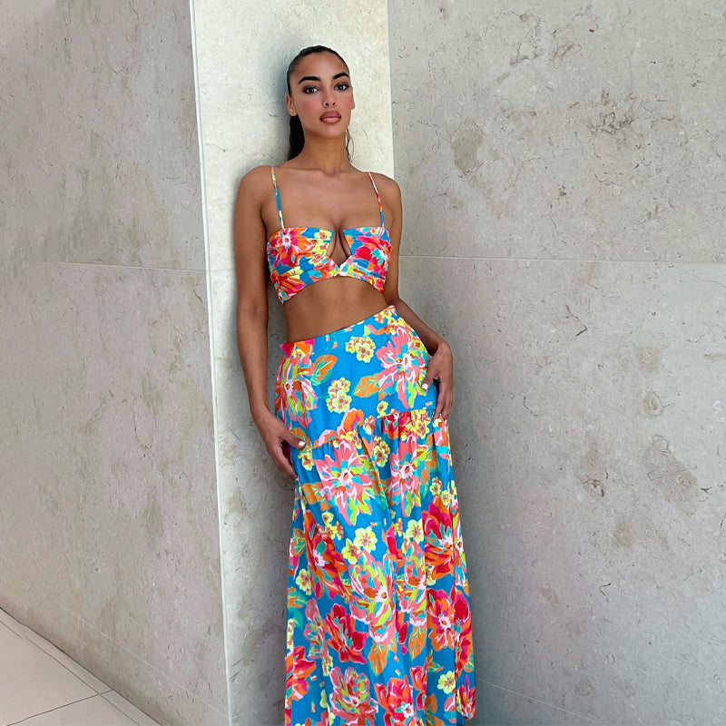 lovevop Back to college  Colorful Flower Print Sleeveless Slip Crop Top Folds Skirts 2 Pieces Set Summer Women   Clothes Beach Festival Y2K