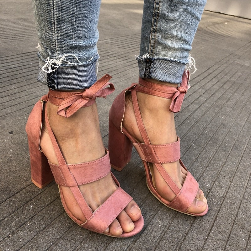 lovevop   Summer Gladiator Sandals Cross Strap High Heels Chunky Heels  Sandals Summer Casual Fashion High Heels Big Size