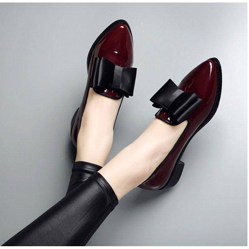 Back to school outfit lovevop  Women Bow Low Heels Women's Pointed Toe Pumps Patent Leather Platform Woman Slip On Fashion Female Footwear Ladies Shoes