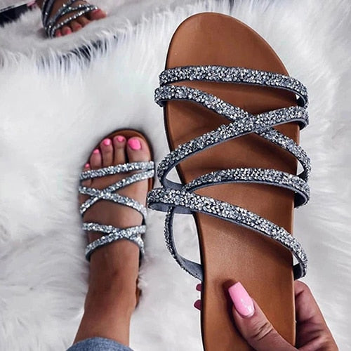 Back  To School Outfit  lovevop  Women Bling Crystal Slippers Women's Summer Beach Flats Woman Slides Female Fashion Shoes  Ladies Footwear Plus Size 35-43