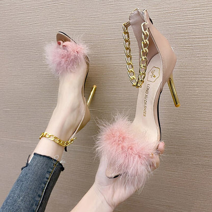 lovevop Plus Size 43   Pointed Toe Feather High Heel Sandals Decoration Metal Chain Stiletto Nightclub Women Shoes Open Toe Shoes