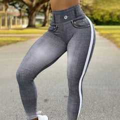 FCCEXIO Denim Print High Waist Leggings Sports Fitness Leggings Tights Running Workout Pants Push Up Sexy Jean Leggings New