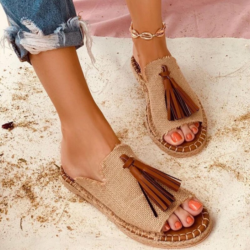 Back to school outfit  lovevop Summer Female Flat Slippers New Sewing Open Toe Footwear Women's Fashion Tassel Comfortable Shoes Ladies Leopard Plus Size