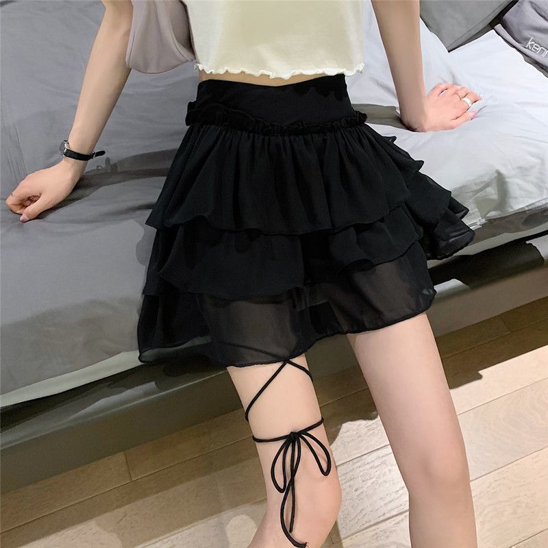 lovevop Back to college Kawaii White Mini Skirts Women Fairycore Bandage Ruffle Patchwork Irregular High Waist Layer Skirt Shorts   Party