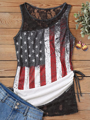 Women's American Flag Lace Trim Splicing Tank Top Side Drawstring   Sleeveless Shirt Patriotic US Flag Hollow Out