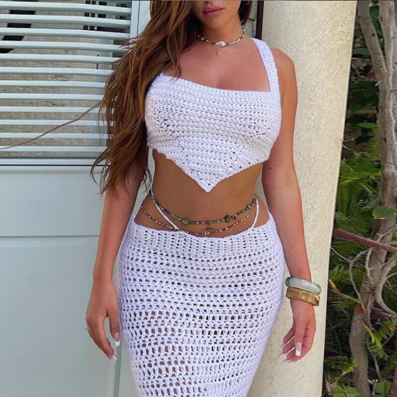 lovevop Purple Knitted 2 Piece Summer Set Women   Crochet Vacation Beach Outfits Hollow Out Bandage Long Skirt And Cropped Set