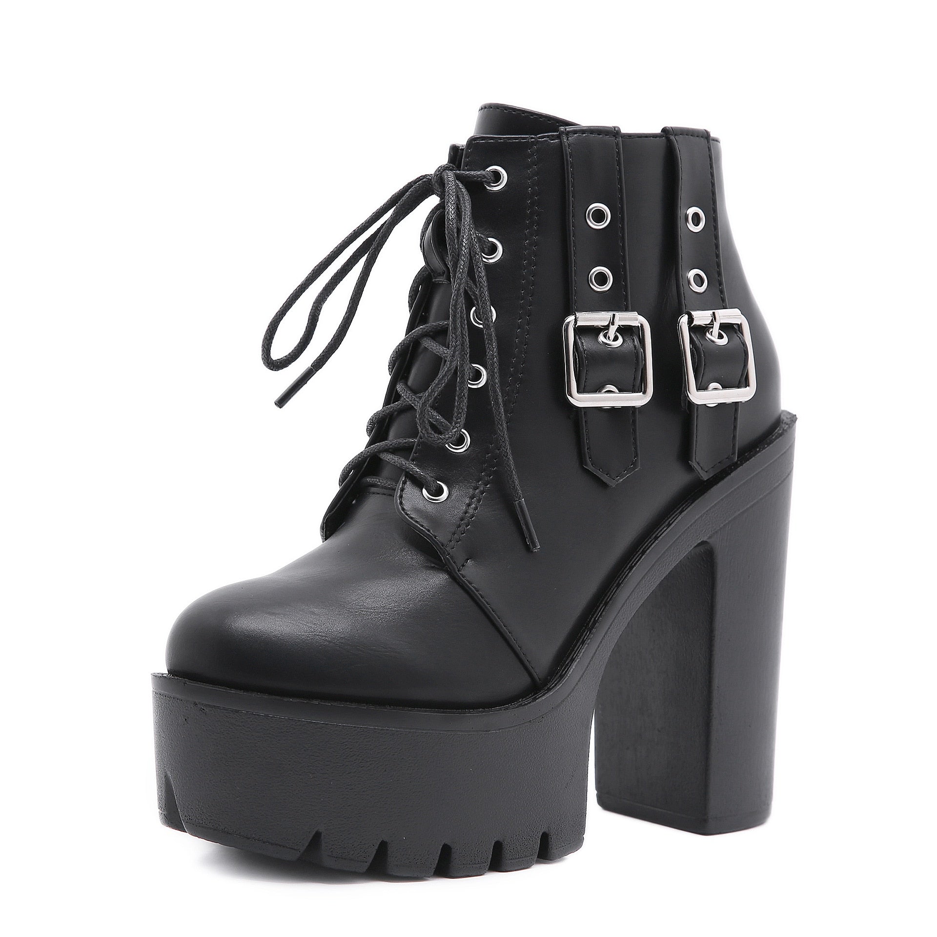 lovevop  Winter Short Boots Women's Fashion Side Belt Buckle Front Lace-Up Platform High Heel Biker Boots Botki Damskie Jesienne