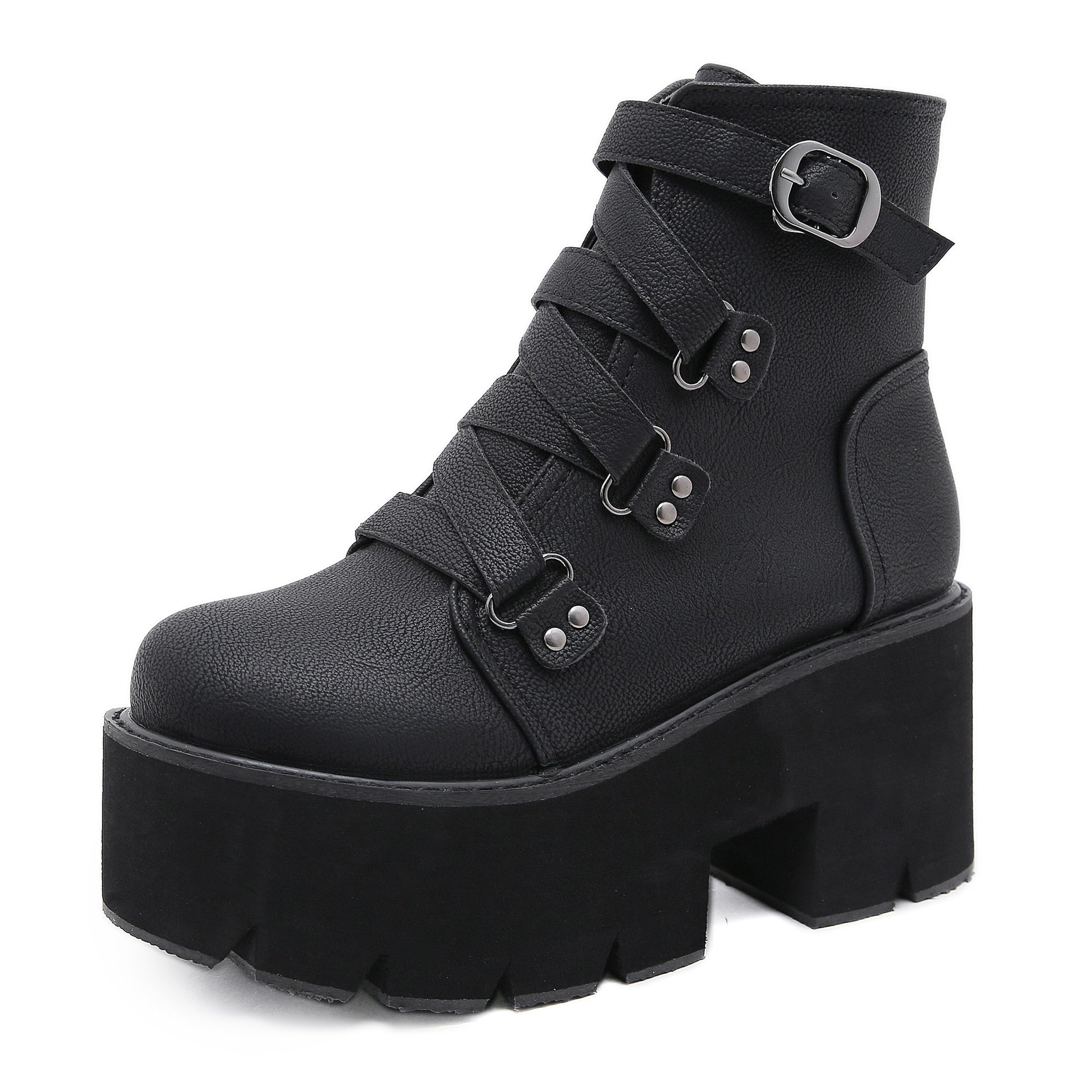 lovevop  Winter New Thick-Soled Nightclub Women's Shoes Thick High-Heeled Ankle Boots Black Leather Trend Tênis Femininos