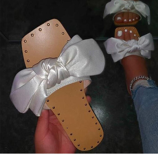 Back  To School Outfit  lovevop Summer Women Bowtie Slippers Women's Silk Flat Woman Rivet Ladies Open Toe Slides New Female Non Slip Elegant Shoes Plus Size
