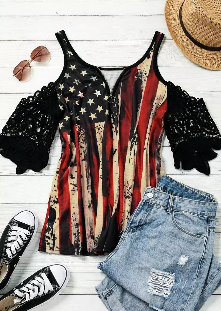 Women American Flag Blouse Star Striped Lace Cold Shoulder Shirts Short Sleeve Zipper 4th of July Independence Day Graphic Tee
