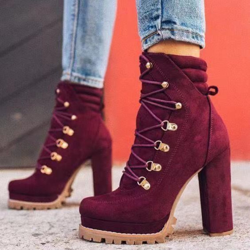 Thanksgiving  lovevop  New Women's  Boots Fashion Lace-Up Rivets Chunky High Heels Solid Casual Platform Comfort Ankle Boots Bota De Inverno