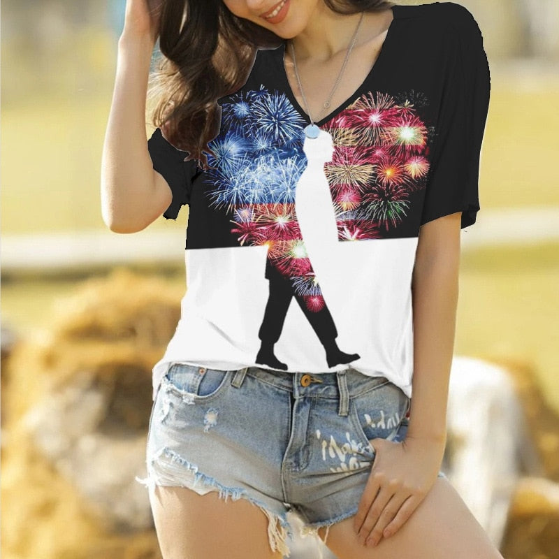 Summer Fashion American Flag USA 3D Print T-Shirts Women T Shirt Y2k Tops Woman V Neck Tees Female Harajuku Oversized Clothing