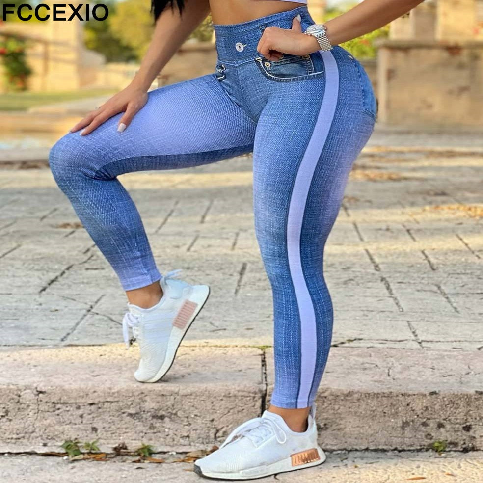 FCCEXIO Denim Print High Waist Leggings Sports Fitness Leggings Tights Running Workout Pants Push Up Sexy Jean Leggings New