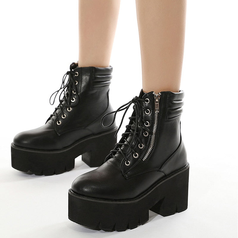 lovevop  Short Boots Women's Thick Bottom Round Head Chain Motorcycle Boots Waterproof Platform Nightclub Zipper Strip Motorcycle Boots