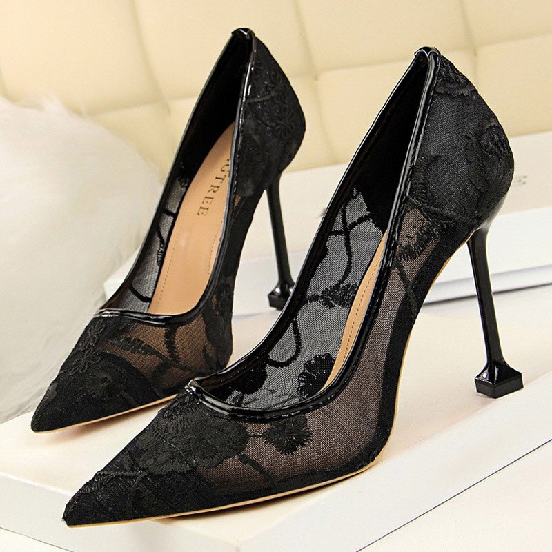 lovevop  Summer Fashion High Heels Women's Floral Embroidered Lace   Party Stiletto High Heels Mesh Women's Shoes