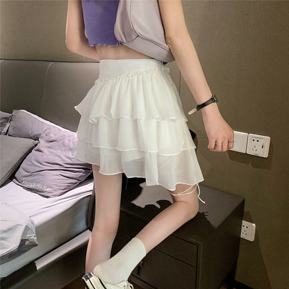 lovevop Back to college Kawaii White Mini Skirts Women Fairycore Bandage Ruffle Patchwork Irregular High Waist Layer Skirt Shorts   Party