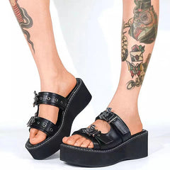 lovevop  Woman Summer Slippers Shoes Women Gothic Punk Round Toe Platform Sandals Slide Lady High Heels Wedges Female Sandals Black Shoe