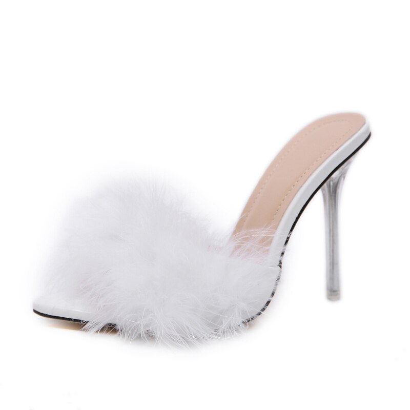 lovevop    Transparent High Heels Sandals   Feather Woman Slippers Fur Stiletto Pointed Mules Evening Party Women Shoes Rose 41