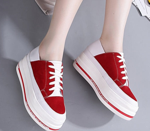 lovevop  7Cm Genuine Leather Women Casual Shoes Platform Wedge Sneakers Chunky Shoes Spring Autumn Black Red Fashion Sneakers