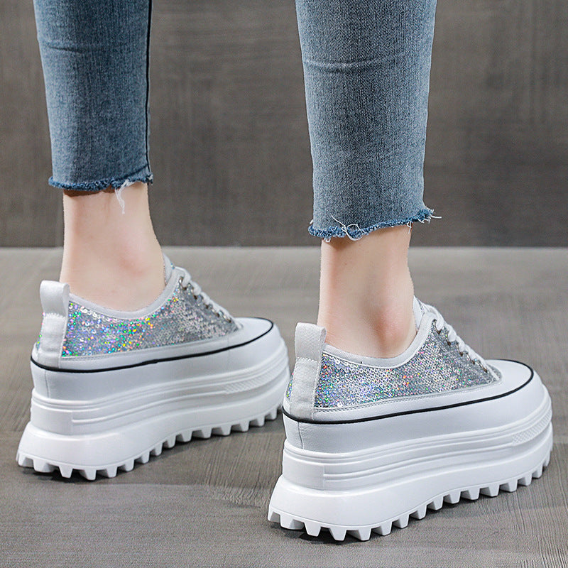 lovevop 7Cm Women Casual Shoes Genuine Leather Platform Wedge Women Fashion Sneakers Chunky Shoes Za Bling Bling Spring Autumn