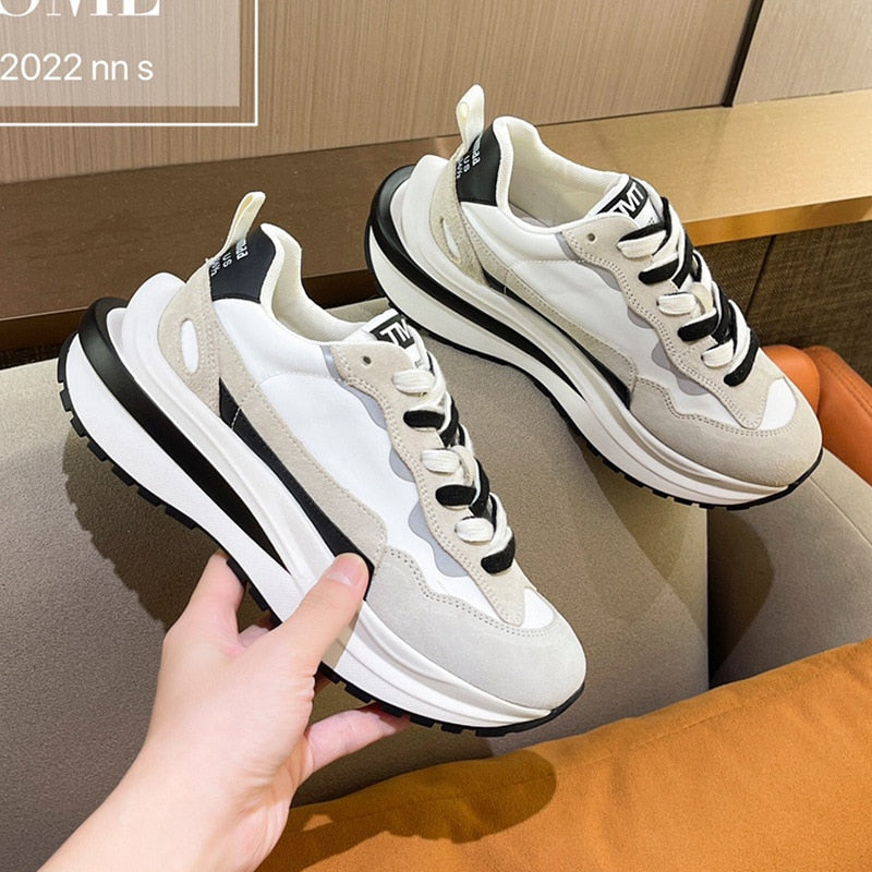 lovevop  2024 Genuine Leather Cross Tied Sport Shoes Woman Ins Luminous Chunky Women Sneakers Mixed Colors Platform Casual Shoes