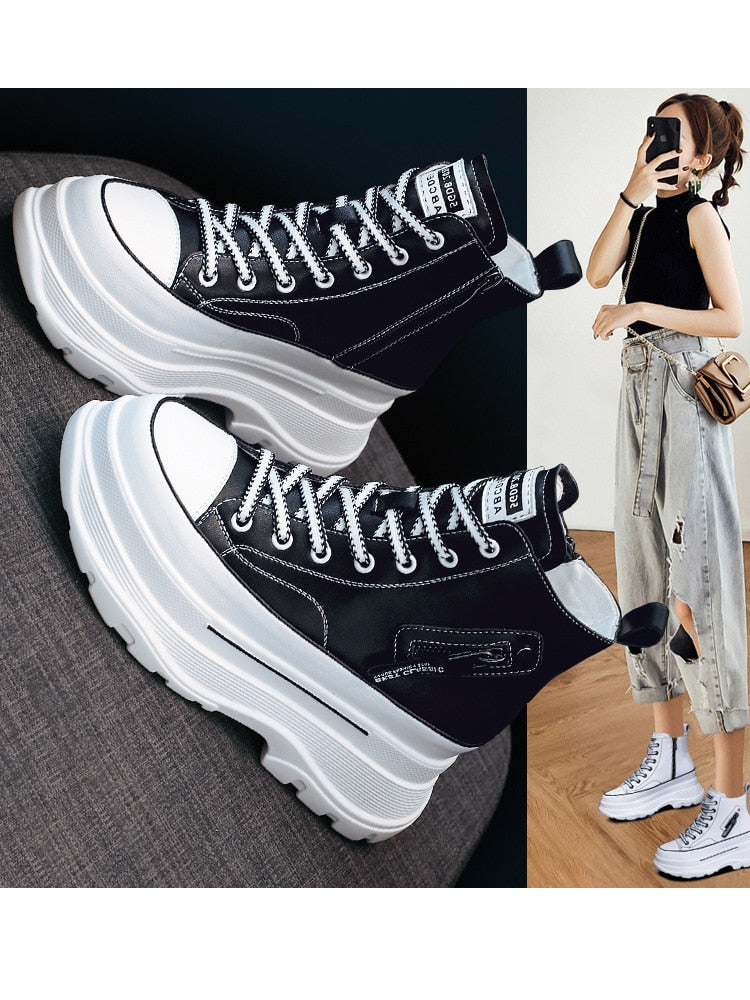 lovevop  7Cm Platform Wedge Sneakers Chunky Shoes Genuine Leather High Top Shoes Sneakers Women Ankle Boots Spring Autumn Booties