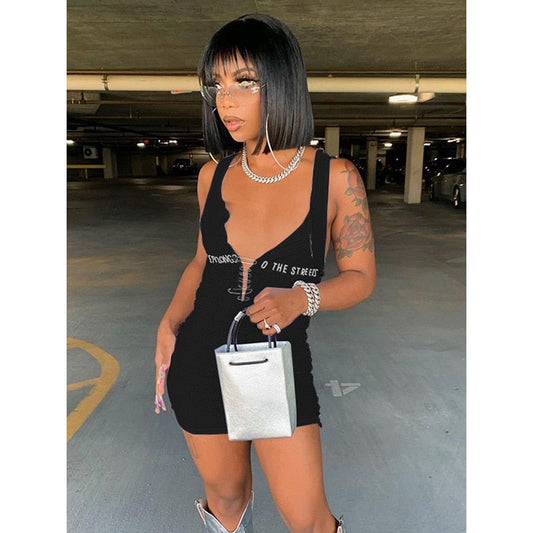 Back to college   Sleeveless  Mini Dress Patchwork  With Corset Patchwork Zipper Bodycon   Streetwear Casual Y2K