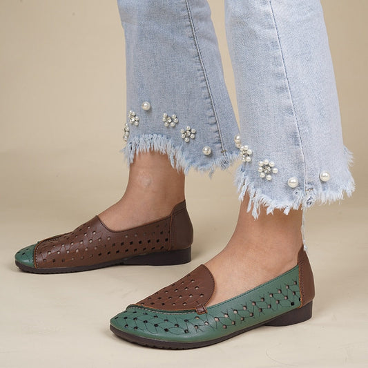 lovevop Women Sandals Summer Hollow Round Toe Low Heel Slip-On Lady Shoes Flat Fashion Comfortable Cozy Leisure Mixed Color Shoes