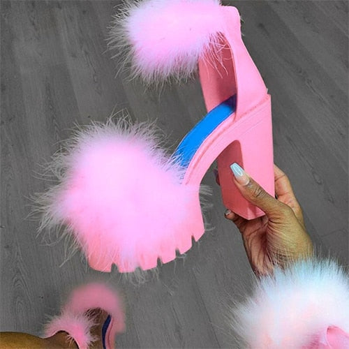 Back to school outfit lovevop  Woman Platform Fur Sandals Ladies INS Plush High Heels Female PU Leather Non Slip Shoe Women Open Toe Women's Footwear Plus Size