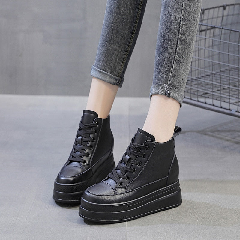 lovevop  9Cm Genuine Leather Women Casual Shoes Chunky Sneakers Za Platform Wedge Hidden Heel Height High Top Women Vulcanized Shoe