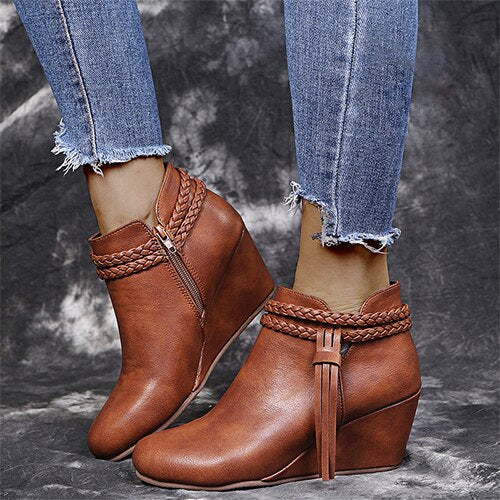 Back To School lovevop  Women's Tassel Anle Boots Woman PU Leather Wedges Women Casual Weave Pumps Ladies Comfortable Shoes Female Footwear Big Size